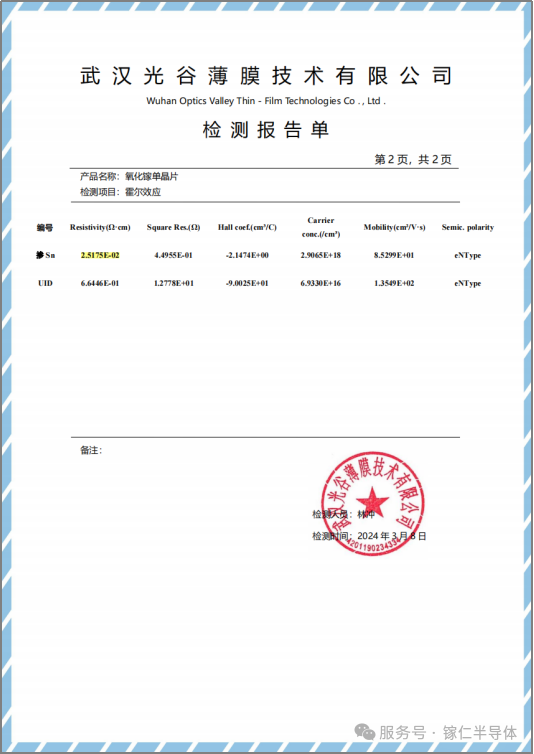 圖片2光谷薄膜為鎵仁半導(dǎo)體氧化鎵單晶襯底出具的檢測(cè)報(bào)告